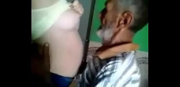  old man sucking young babe boobs